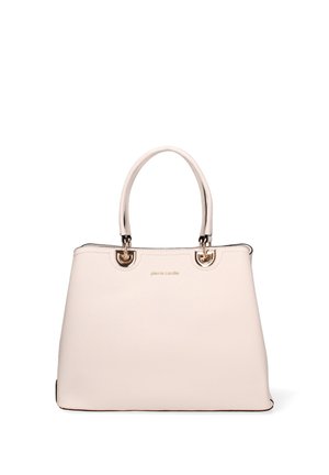 Beige Pierre Cardin handtas met dubbele handvatten en goudkleurige accenten, met een gestructureerde rechthoekige vorm en minimalistisch design.