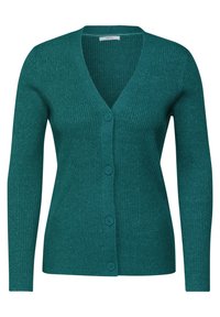 Teal gerippter Cardigan mit V-Ausschnitt, langen Ärmeln und Fünfknopf-Verschluss. Hat eine weiche Textur und einen mittelschweren Stoff.