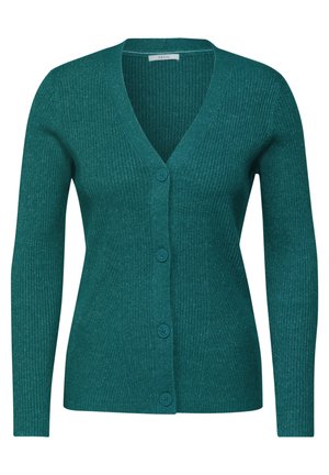 Teal gerippter Cardigan mit V-Ausschnitt, langen Ärmeln und Fünfknopf-Verschluss. Hat eine weiche Textur und einen mittelschweren Stoff.