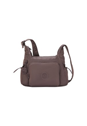 Brown nylon shoulder bag with a single strap, zippered main compartment, front pocket, and a circular logo detail. Smooth texture.