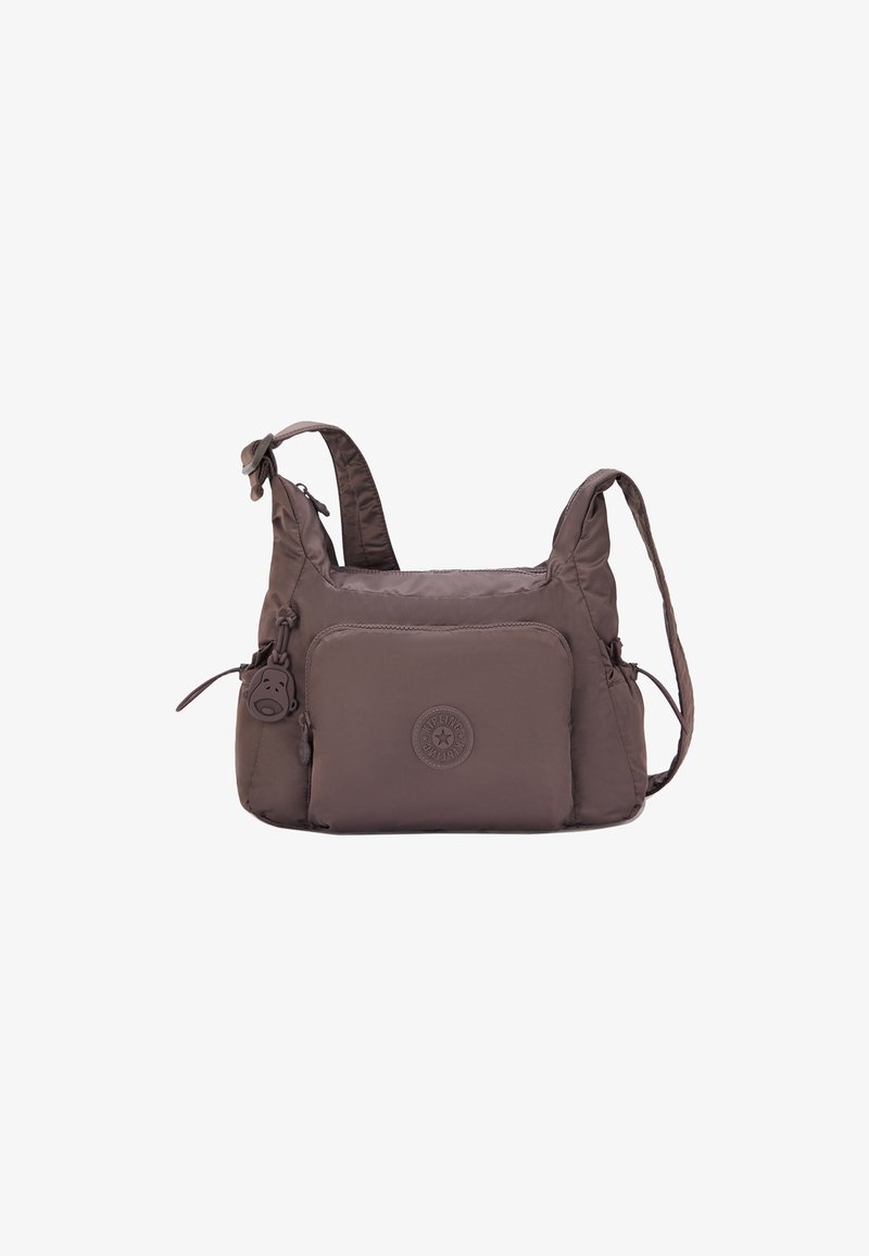 Brown nylon shoulder bag with a single strap, zippered main compartment, front pocket, and a circular logo detail. Smooth texture.