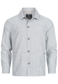 Light gray button-up shirt with a textured fabric, two front pockets, and a pointed collar. Features medium-length sleeves and brown buttons.
