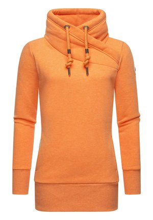 Sweatshirt orange avec un col roulé, des manches longues et des accents à cordon. Fabriqué dans un matériau doux avec une coupe décontractée et des poches latérales.