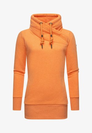 Orangener Pullover mit Schalkragen, langen Ärmeln und Zugbändern. Hergestellt aus weichem Material mit lockerer Passform und Seitentaschen.