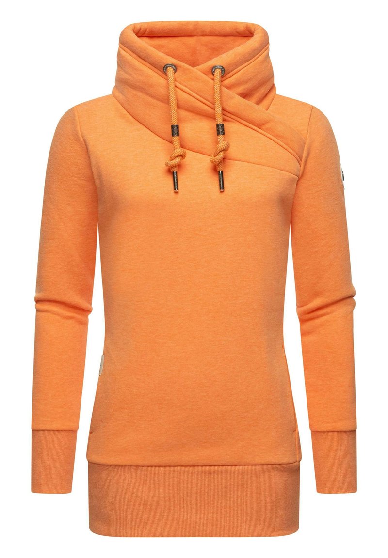 Sudadera naranja con cuello tipo cowl, mangas largas y detalles de cordón. Hecha de un material suave con un corte relajado y bolsillos laterales.