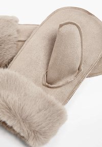 Beige mittens with soft faux fur trim, featuring a smooth textured surface and a rounded shape for warmth and comfort.