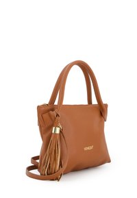Braune Lederhandtasche mit doppelten Griffen, goldfarbener Reißverschluss, Quaste als Schmuckstück und "Venezia"-Logo auf der Vorderseite.