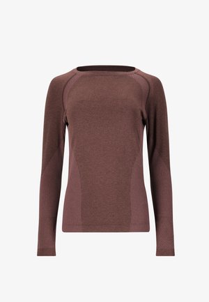 Brun langærmet top med ribbet tekstur og sidepaneldetaljer. Har en bred halsudskæring og et tætsiddende design med kontrasterende mønstre.