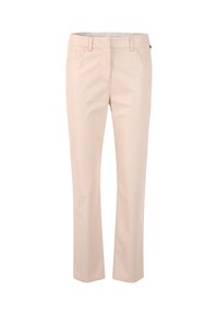 Beige gerade geschnittene Hose mit glatter Textur, vorderen Taschen, dezenten Nahtdetails und einem Standardbund.