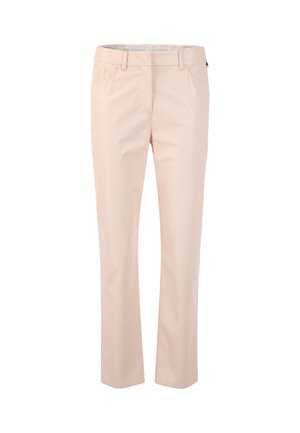 Beige straight-leg trousers with a smooth texture, front pockets, subtle stitching details, and a standard waistband design.