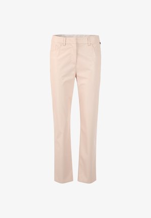 Beige straight-leg trousers with a smooth texture, front pockets, subtle stitching details, and a standard waistband design.