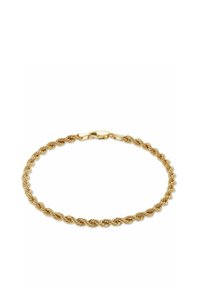 Bracciale dorato con design a corda attorcigliata, con chiusura a gancio sicura e texture liscia e lucida.