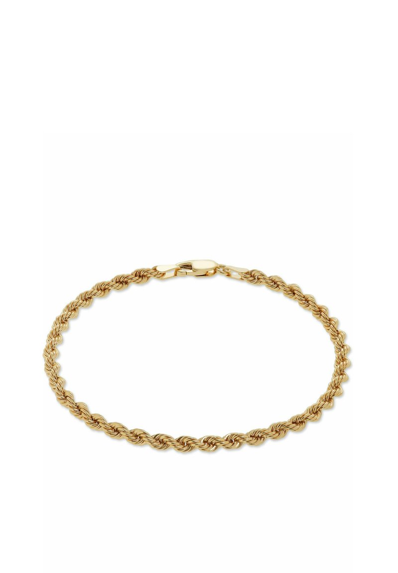 Bracciale dorato con design a corda attorcigliata, con chiusura a gancio sicura e texture liscia e lucida.