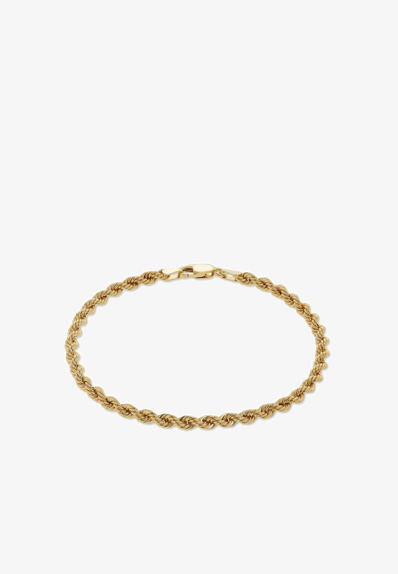 Goldfarbener Armband mit einem verdrehten Seildesign, ausgestattet mit einem sicheren Verschluss und einer glatten, glänzenden Oberfläche.