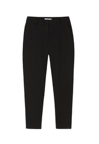 Schwarze Hose im Slim-Fit-Schnitt, hergestellt aus einer Baumwollmischung, mit Fronttaschen, einem Knopfverschluss und einer glatten Textur.