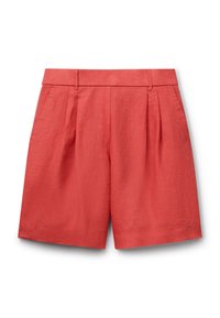 Korálové lněné šortky s vysokým pasem, s nařasením v přední části a volným střihem. Mají hladkou texturu a čistý, jednoduchý design.