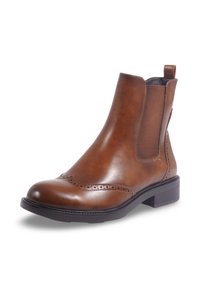 Bottes Chelsea en cuir marron avec des panneaux élastiques sur les côtés, des détails brogues sur la pointe, et un petit talon empilé. Texture de surface lisse.