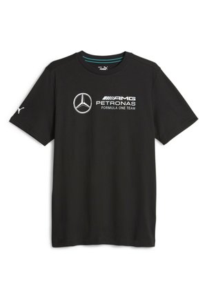 T-shirt noir Puma avec le logo de l'équipe Mercedes AMG Petronas de Formule 1 centré sur la poitrine et le logo Puma sur la manche gauche.