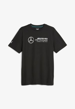 Schwarzes Puma-T-Shirt mit dem Logo des Mercedes AMG Petronas Formula One Teams, zentriert auf der Brust, und dem Puma-Logo auf dem linken Ärmel.