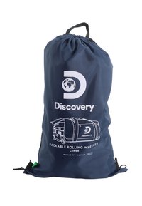 Bolsa de ruedas plegable de color azul marino hecha de PET reciclado. Incluye un cierre con cordón y un logotipo gráfico blanco con detalles sobre la Tierra y el producto.