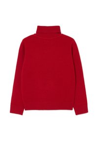 Red turtleneck sweater made of soft, textured knit. Features a fitted collar, long sleeves, and a ribbed hem. Back view showcase simplicity.