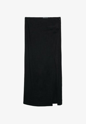 Černá sukně po kolena s bočním rozparkem, vyrobená z lehkého materiálu s hladkým povrchem a jednoduchým designem. Zapínání na zip v pase.