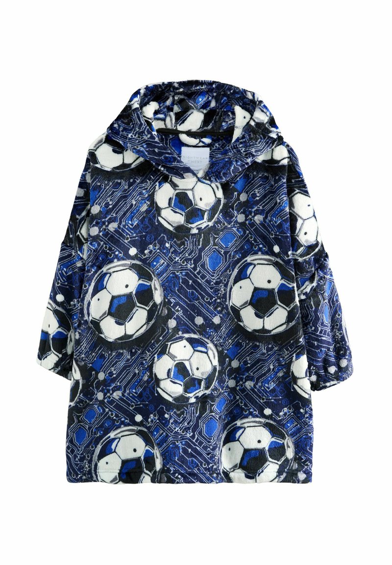 Fleece-Hoodie mit einem blauen und schwarzen Muster, das weiße und schwarze Fußbälle zeigt, mit kurzen Ärmeln und einer Kapuze.