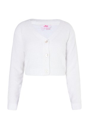 Cardigan alb scurt, dintr-o textură moale, cu decolteu în V, mâneci lungi și patru butoane decorative pe față.