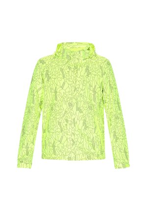 Neon žlutá bunda s abstraktním vzorem v černé barvě, dlouhými rukávy, vysokým límcem a lehkým materiálem. Ideální pro venkovní nošení.