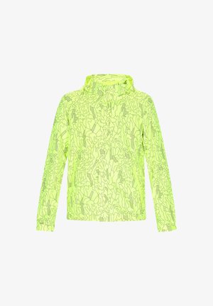 Neon sárga dzseki, amely absztrakt fekete mintával készült, hosszú ujjaival, magas gallérral és könnyű anyagból. Ideális szabadtéri viseletre.