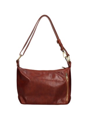 Borsa a spalla in pelle marrone con una texture liscia, dotata di una tasca con zip, tracolla regolabile e dettagli in metallo color oro.