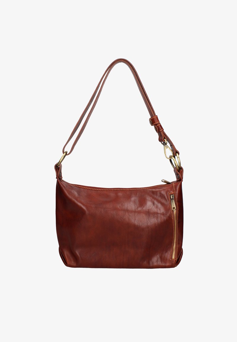 Borsa a spalla in pelle marrone con una texture liscia, dotata di una tasca con zip, tracolla regolabile e dettagli in metallo color oro.