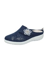 Navy felt clogs with white rubber sole. Embroidered floral design and silver accent on the upper. Closed back for stability and comfort.
