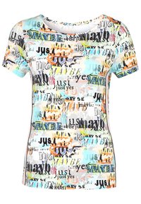 T-shirt med kort ärm i vitt med en flerfärgad design som har orden "kanske" och "bara." Tillverkad av mjukt tyg med rund halsringning.