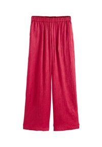 Red wide-leg pants with an elastic waistband, featuring a textured, crinkled fabric and a loose fit for comfort and ease of movement.