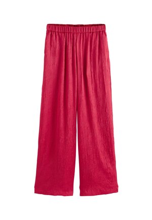 Rote weit geschnittene Hose mit einem elastischen Bund, aus einem strukturierten, kräuselförmigen Stoff und einer lockeren Passform für Komfort und Bewegungsfreiheit.