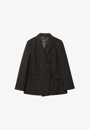 Sort dobbelbrystet blazer med klapkraver, to forreste klaplommer og knaplukning ved håndleddene, lagt fladt på hvid baggrund.