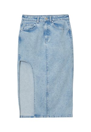 Light blue denim skirt with a fitted silhouette, featuring a side slit, five-pocket design, and a front button closure.