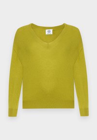 Sweter z dekoltem w serek w intensywnym limonkowym kolorze, wykonany z miękkiej dzianiny. Posiada długie rękawy oraz ściągacze przy dekolcie i mankietach.