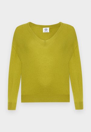 V-neck sweater in vibrant lime green, made from soft knit fabric. Features long sleeves and ribbed accents at the neckline and cuffs.