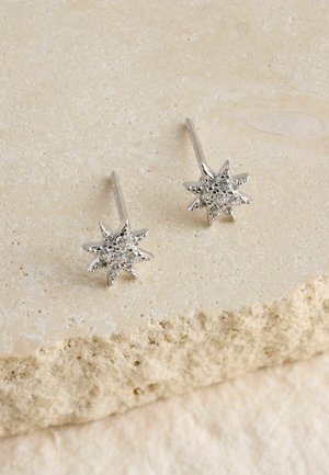 Sølvstjernede øreringe med en tekstureret overflade og glitrende accenter, der ligger på en neutral stenbaggrund.