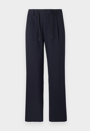 Pantalons bleu marine avec un design à jambe droite, fabriqués en tissu texturé. Dotés d'une fermeture à bouton à l'avant et d'une taille ajustable avec cordon.