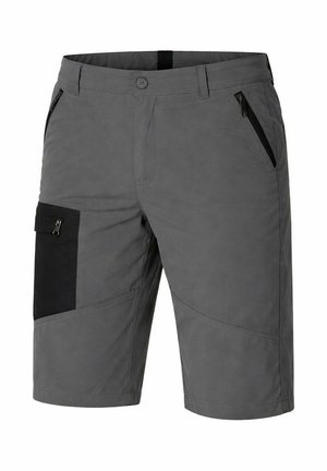 Graue Herrenshorts mit schwarzer Reißverschlusstasche an der Seite und zwei vorderen Reißverschlusstaschen, Knopfverschluss und Gürtelschlaufen.