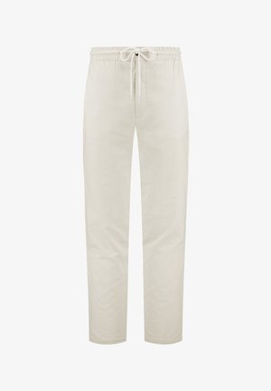 Pantaloni di lino beige chiaro con vita elasticizzata e cordoncino. Design dritto con texture liscia e senza tasche visibili.