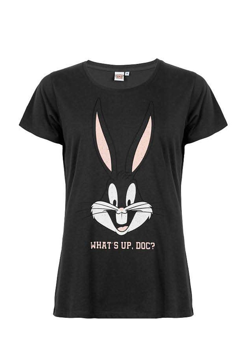 Black cotton T-shirt featuring a cartoon rabbit face with long ears and the text "WHAT'S UP, DOC?" in light pink. Short sleeves, relaxed fit.