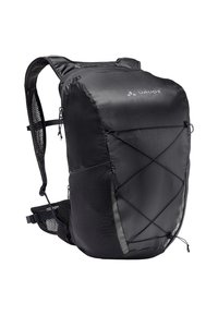 Schwarzer Rucksack mit einem schlanken Design, aus leichtem Material gefertigt. Verfügt über Mesh-Träger und ein Bungee-Seil für zusätzlichen Stauraum.