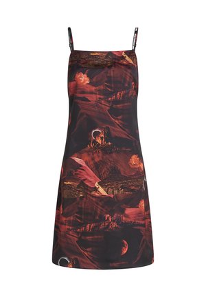 Robe sans manches avec un imprimé abstrait rouge vif et noir, incluant des motifs floraux et paysagers. Fabriquée en tissu léger, avec des bretelles ajustables.