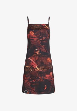 Sleeveless dress with vivid red and black abstract print, featuring floral and landscape motifs. Made from lightweight fabric, with adjustable straps.