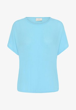 Svetlomodrá blúzka s krátkym rukávom, okrúhlym výstrihom a voľným strihom, s malou textilnou značkou vo vnútri goliera.