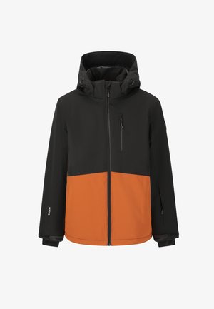 Färgblockerad jacka med en svart övre del och en orange nedre del. Har huva, fickor med dragkedja och justerbara ärmar.
